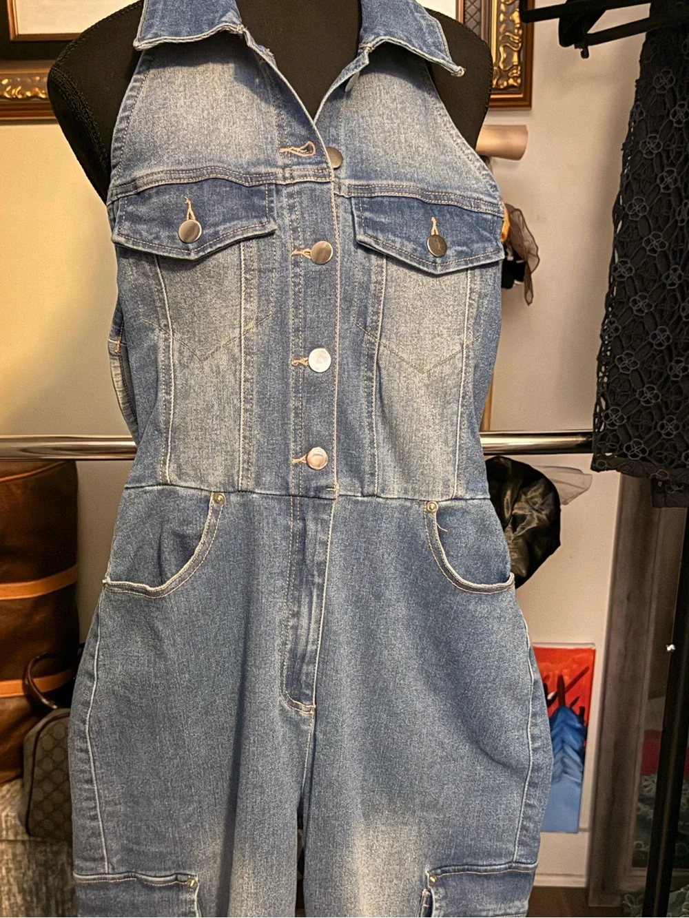 Timing Light Wash Denim Halter Jumpsuit